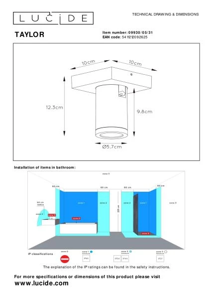 Lucide TAYLOR - Spot plafond Salle de bains - LED Dim to warm - GU10 - 1x5W 2200K/3000K - IP44 - Blanc - technique